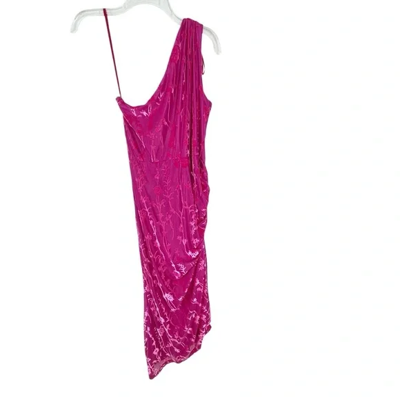 Anthropologie HUTCH One Shoulder Ruched Velvet Flocked Midi Dress Pink Size L - Picture 8 of 14